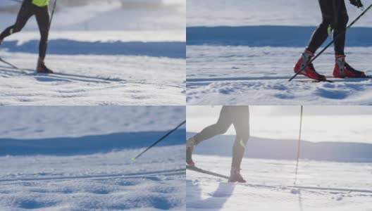 在田园诗般的冬季风景中，越野滑雪者在滑雪道上滑行高清在线视频素材下载