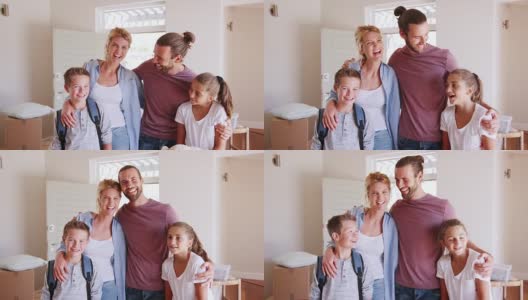 搬家日新居休息室的家庭肖像高清在线视频素材下载