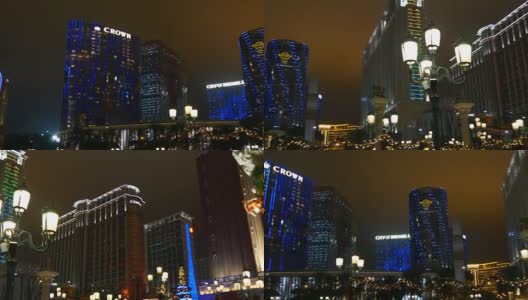 中国夜景时间照明澳门城著名酒店正面全景4k高清在线视频素材下载