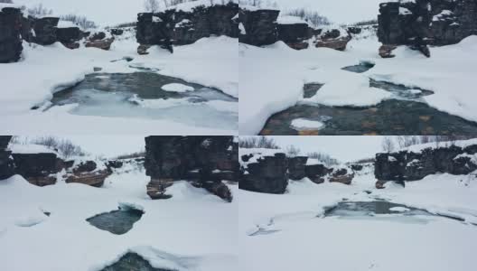 在瑞典北部阿比斯科的一个阴天，无人机拍摄的峡谷与冰冻的河流高清在线视频素材下载