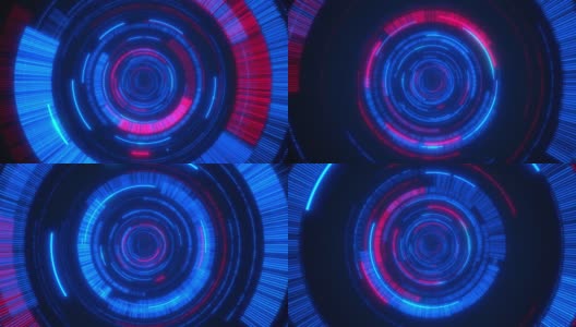 循环动画。抽象的背景。在带有红色和蓝色的明亮圆圈的超空间中移动。高清在线视频素材下载