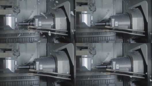 自动数控车削铣床在工厂切割金属工件高清在线视频素材下载