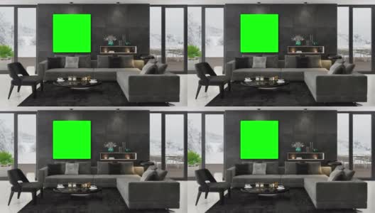 4k色彩键为绿色的相框。现代极简主义公寓内部。客厅。冬天的场景。高清在线视频素材下载