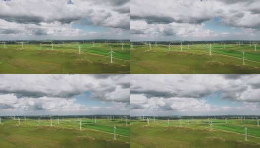 草原上风力涡轮机农场的Hyper Lapse和鸟瞰图高清在线视频素材下载