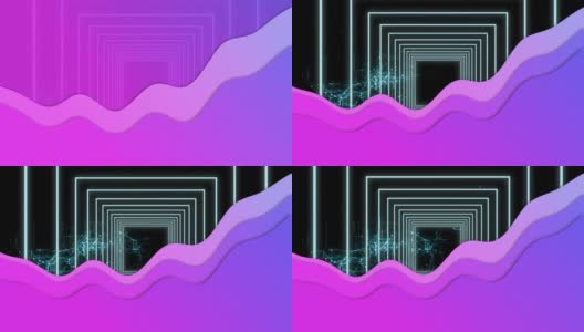 紫色抽象形状对发光隧道和微处理器连接在黑色背景高清在线视频素材下载