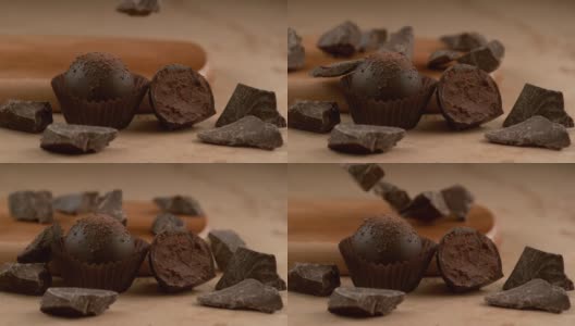 黑巧克力松露，原料以慢动作落下。使用幻影Flex 4K相机拍摄。高清在线视频素材下载
