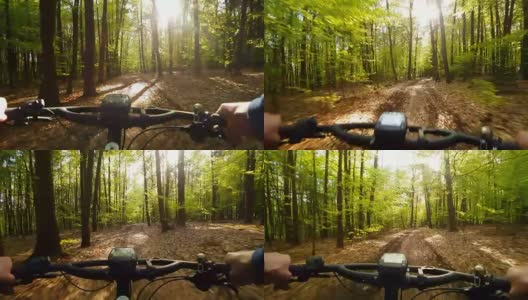 山地自行车穿过阳光明媚的春天森林高清在线视频素材下载