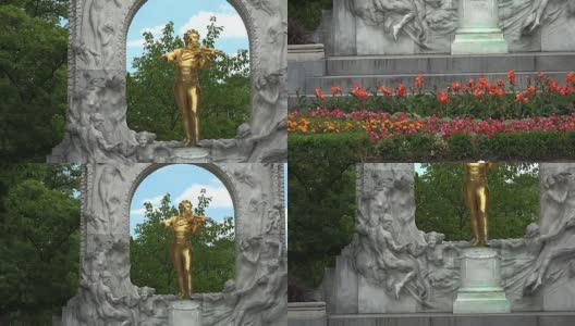 约翰·施特劳斯的镀金青铜纪念碑是维也纳最著名和拍摄频率最高的纪念碑之一。城市公园是维也纳历史遗迹最多的公园。高清在线视频素材下载