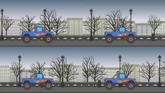 动画大轮怪物卡车通过秋天的城市。以城市公园为背景移动大脚卡车。平面动画。高清在线视频素材下载