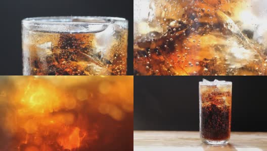 Cola bubble with ice and glass, abstract background.高清在线视频素材下载