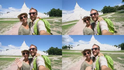 一对年轻夫妇在缅甸旅游自拍湾古佛寺高清在线视频素材下载