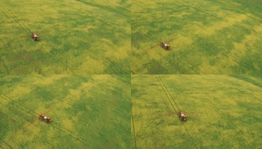 用油菜飞过田野。农业拖拉机喷洒夏季作物麦田高清在线视频素材下载