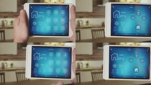 使用数字平板电脑上的应用程序监控家里的供电系统高清在线视频素材下载