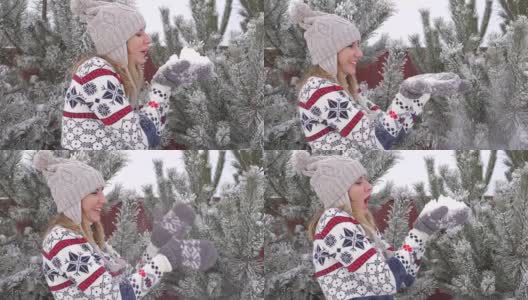 Pretty Joyful Woman Having Fun In Winter blow Snow慢动作180fps高清在线视频素材下载
