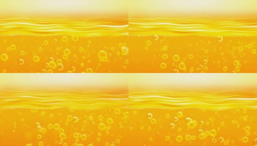 金色的波浪和天空。带有氧气气泡的金色液体。这可以用于广告和项目，娱乐，阳光，燃料，油，蜂蜜，啤酒，果汁高清在线视频素材下载