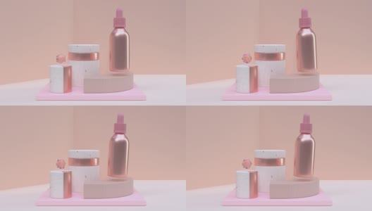 3d渲染粉红金金属瓶抽象运动高清在线视频素材下载