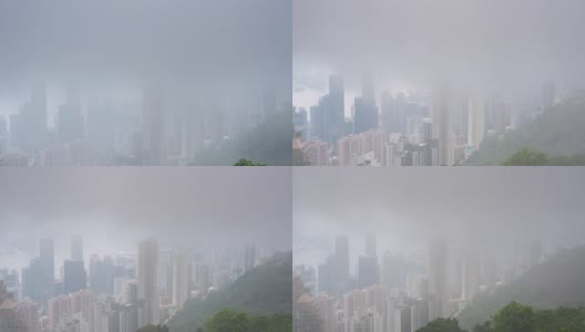 时间流逝上午香港摩天大楼和多云的季节下雨-现代商务区城市高清在线视频素材下载