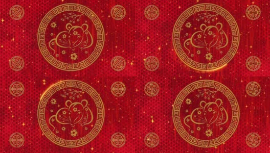 农历新年，春节的背景有金老鼠，星星和云彩。春节红纸背景的节日活动。3 d渲染动画。无缝循环4k视频高清在线视频素材下载