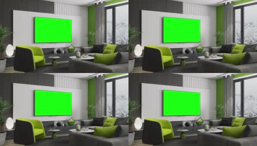 4k电视屏幕与色度键绿色。现代极简主义公寓内部。客厅。冬天的场景。高清在线视频素材下载