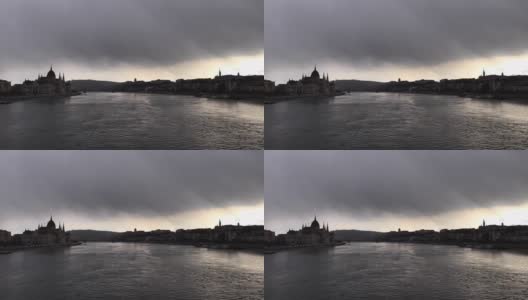布达佩斯市中心多瑙河早春雨天延时高清在线视频素材下载