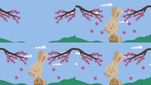 快乐的中秋节动画与兔子和树枝高清在线视频素材下载