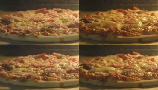 延时奶酪披萨在烤箱中烹饪。披萨上的奶酪正在融化。在烤箱中烹饪冷冻披萨。快餐不健康饮食胆固醇。在电炉里快速制作食物。高清在线视频素材下载