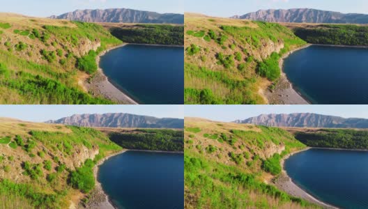 美丽的鸟瞰图景观在4k，山和丘陵与森林在夏天阳光明媚的天气，戏剧性的地质奇观与绿色的树木。土耳其的内姆鲁特火山高清在线视频素材下载