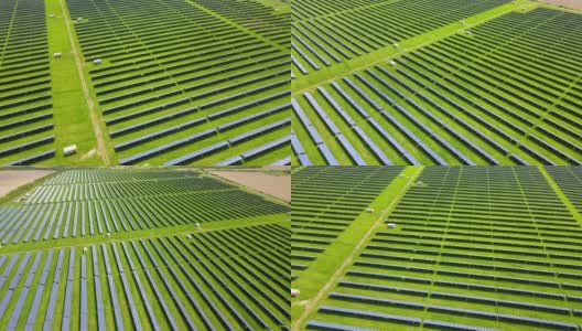 大型可持续发电厂鸟瞰图，有许多排太阳能光伏板，用于生产清洁的生态电能。零排放的可再生电力高清在线视频素材下载