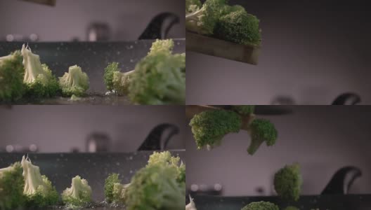 西兰花片从木头上扔进煎锅，每秒480帧高清在线视频素材下载