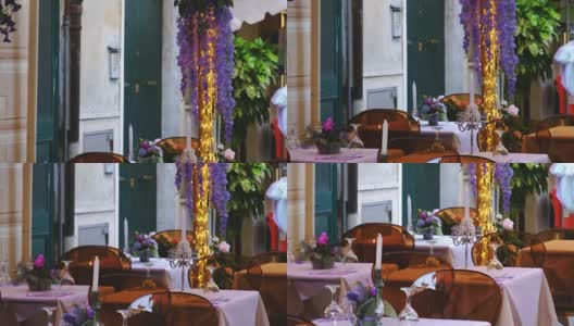 空小酒馆晚餐第一次约会餐厅设计浪漫户外紫花高清在线视频素材下载