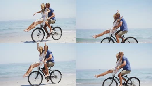 一对快乐的情侣在海滩上骑自行车高清在线视频素材下载