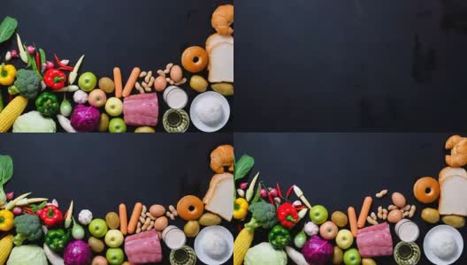 定格动画顶视图食物5组黑色背景的复制空间高清在线视频素材下载
