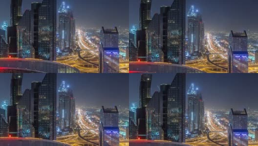 迪拜市中心的天际线夜景和谢赫扎耶德的道路交通，阿联酋高清在线视频素材下载