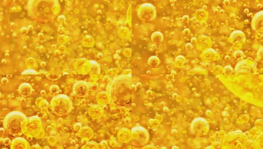 金色背景与大、小金色气泡油内的黄金液体项目，油，蜂蜜，啤酒，果汁或其他变种高清在线视频素材下载