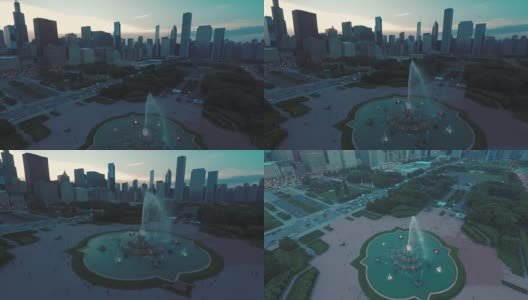 芝加哥天际线白金汉喷泉黄昏天线高清在线视频素材下载