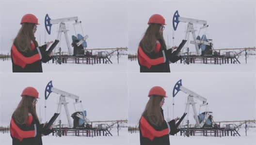 女工程师和石油工人一起在油田工作，团队合作高清在线视频素材下载