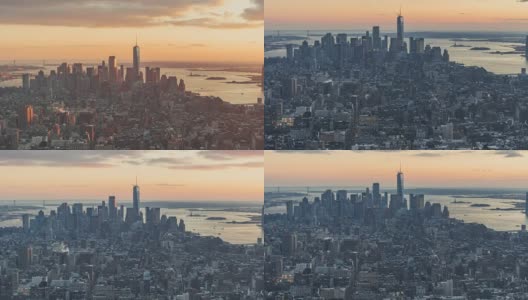 T/L HA TD鸟瞰图日落时的曼哈顿城市天际线高清在线视频素材下载