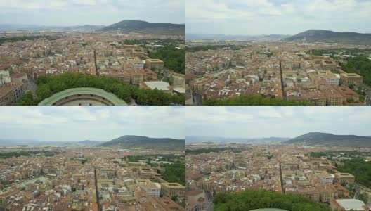 在西班牙潘普洛纳老城上空飞行高清在线视频素材下载