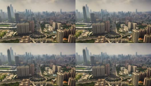 阳光明媚的一天广州城市景观著名的交通路口空中倾斜移位全景4k时间推移中国高清在线视频素材下载