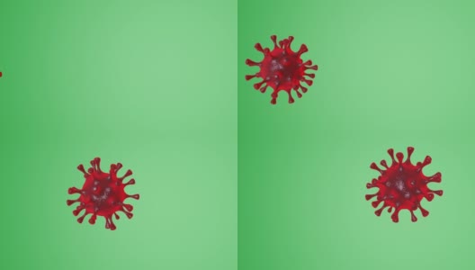 红色病毒在绿色背景下移动的动画视频- Covid-19冠状病毒概念- 3D渲染高清在线视频素材下载