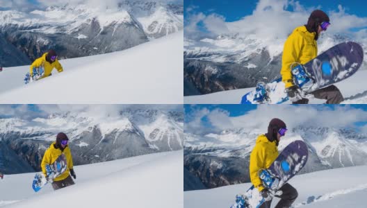 滑雪者攀登雪山，周围是令人惊叹的冬季景观高清在线视频素材下载