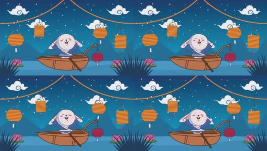 中秋动画与兔在船和灯挂高清在线视频素材下载