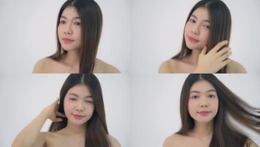 年轻的亚洲20多岁的女人黑色光滑的头发化妆品化妆漂亮的脸看起来在白色的背景上表达情感，病毒剪辑或广告高清在线视频素材下载
