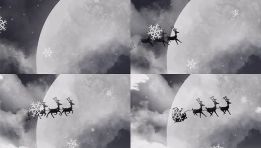 圣诞老人在雪橇上被驯鹿拉着的黑色剪影动画高清在线视频素材下载