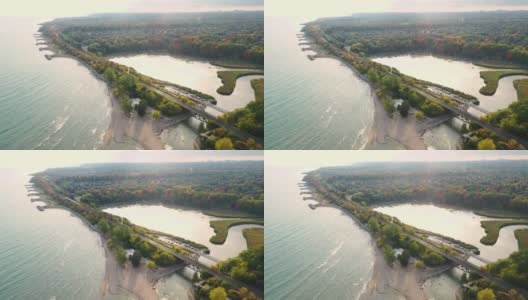 鸟瞰图胭脂国家城市公园和胭脂河在秋天的黄昏，多伦多，加拿大高清在线视频素材下载