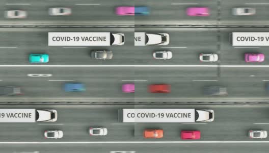 空中俯瞰运送COVID-19冠状病毒疫苗的半拖车卡车。循环3 d动画高清在线视频素材下载