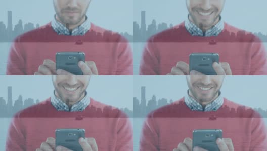 在城市景观中使用智能手机的白人男子微笑的中间部分的数字构图高清在线视频素材下载