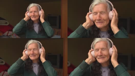 老年人和科技。村里的退休老人，用无线耳机听音乐。退休快乐，人和小玩意。老妇人戴着无线耳机高清在线视频素材下载