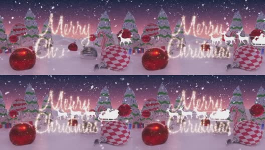 动画圣诞问候圣诞老人在雪橇与驯鹿和雪花飘落高清在线视频素材下载