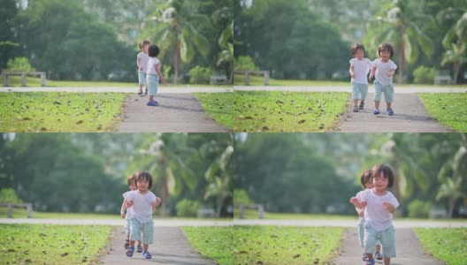 周末早上，一对亚洲华人双胞胎男婴在公园草坪上走向镜头高清在线视频素材下载